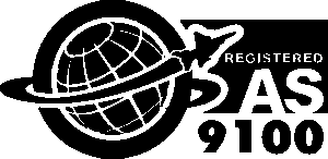 AS9100 registered logo featuring a globe with an orbiting airplane, indicating certification in aerospace standards.